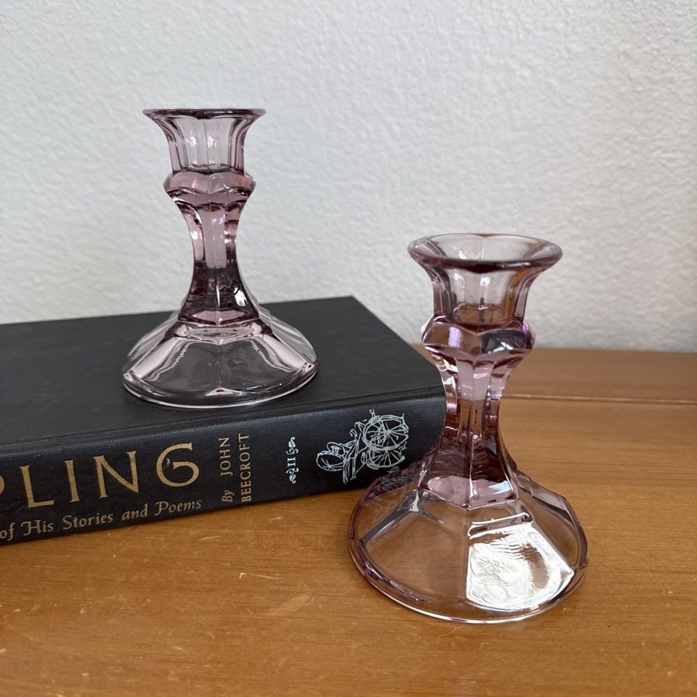 Vintage 4" Libbey Gibraltar Light Plum Glass Pillar Candlestick Holders Set of 2